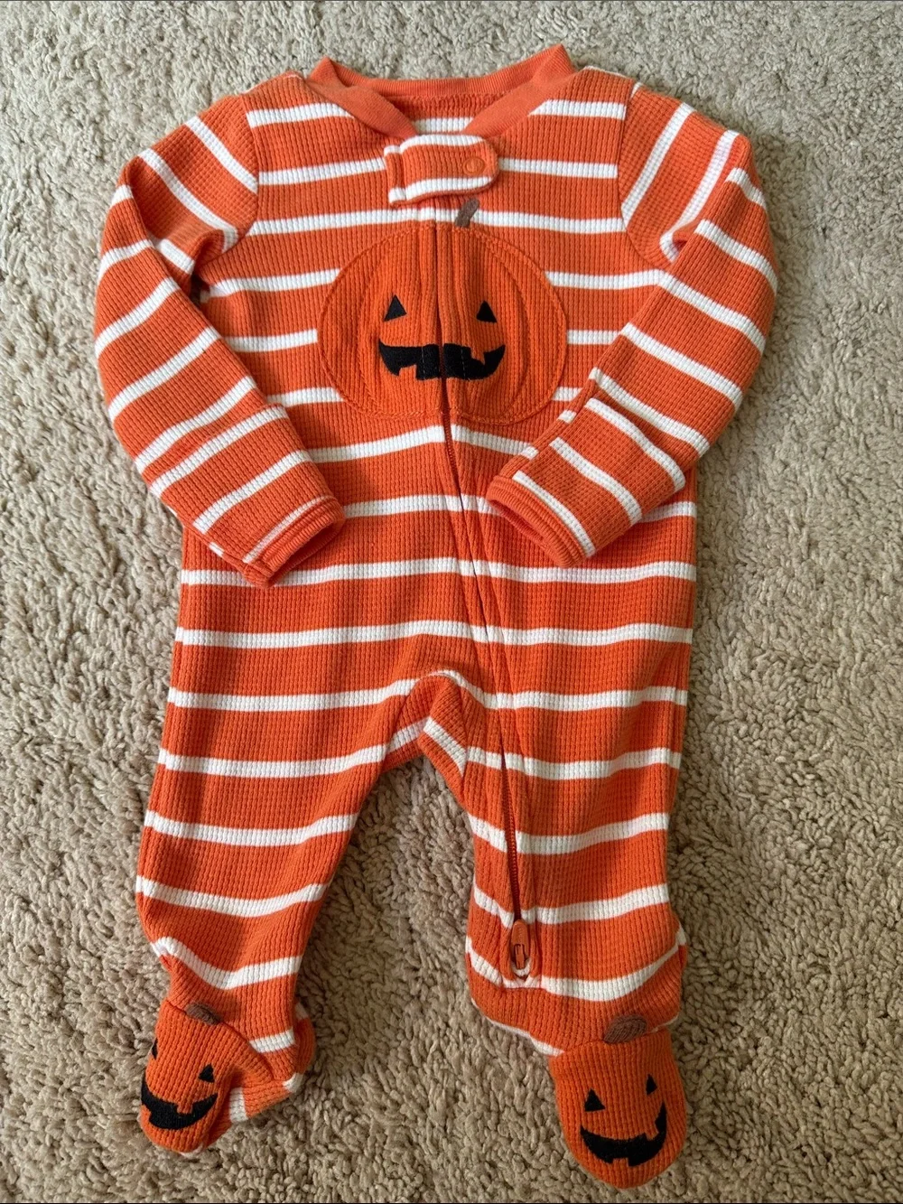 Baby Unisex Carter's Orange and White Striped Pumpkin Footie size Newborn